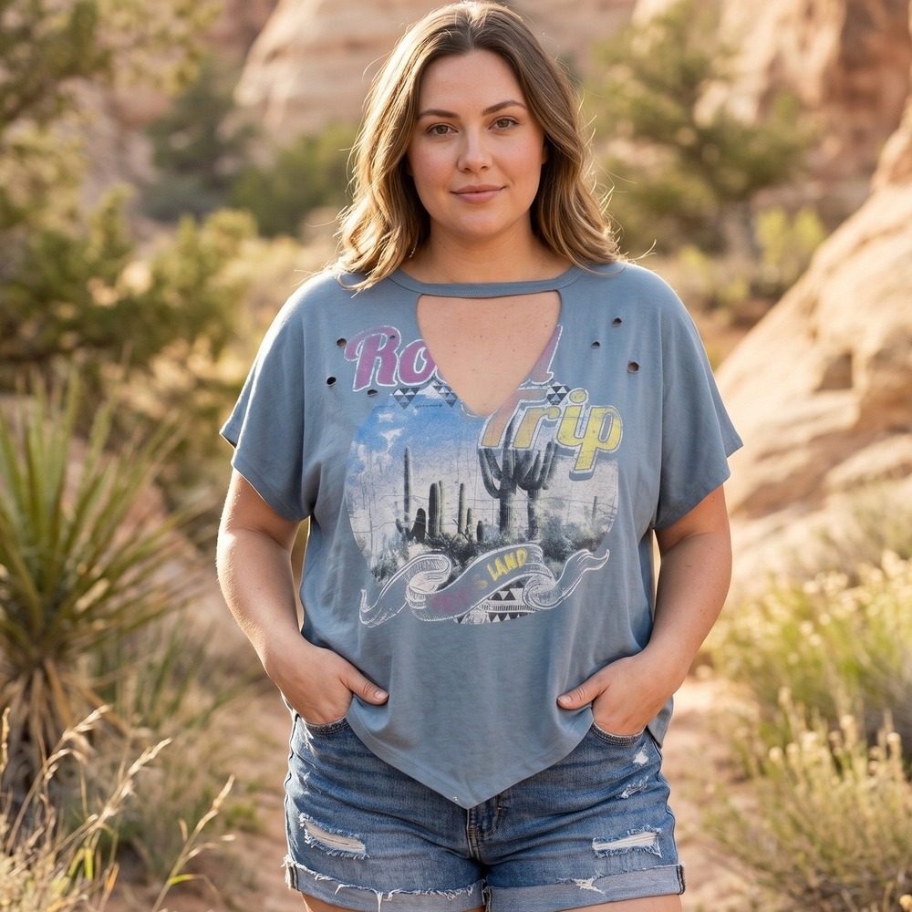Charlotte Russe Desert Graphic Tee L Slate Blue Cutout Distressed V-Neck Top